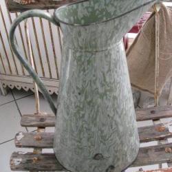 Vintage French 1930s Enamelware Sage Green Swirl & Ivory Water Pitcher
